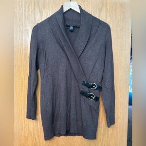 INC Brown sweater Medium v-neck size sweater top tunic buckle detail faux wrap